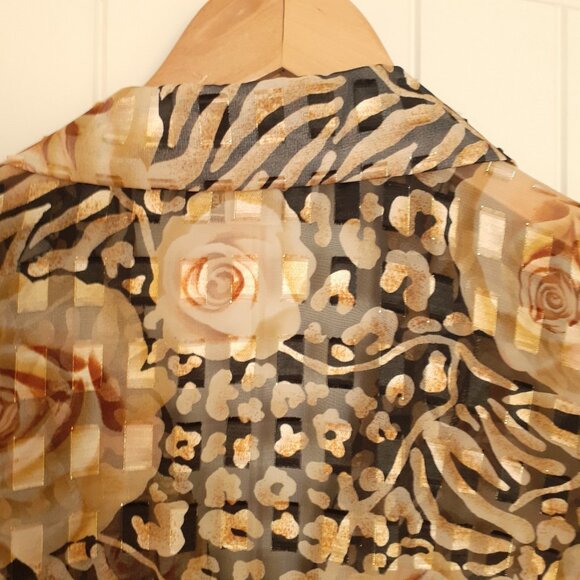 Fitting Image Sheer Button Up Rose Animal Print Tunic Gold Black Size 18 - Picture 6 of 11